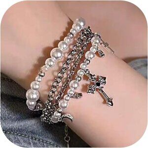 🆕 Women White Pearl Bracelet Layered Cross Fashion Simple Stylish Jewelry Gifts